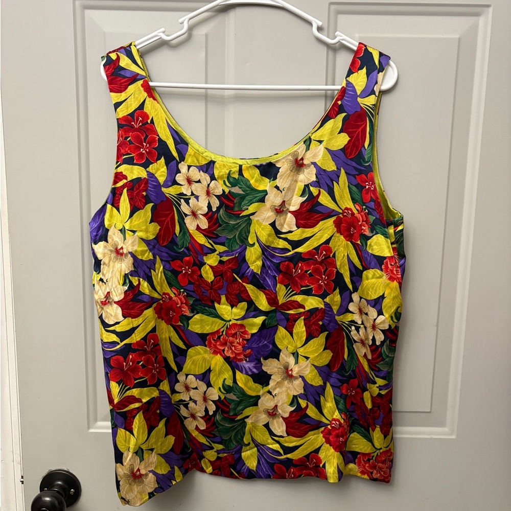 100% Silk Valerie Stevens Vibrant Floral Tank Top - Red, Yellow, Purple - Picture 3 of 5